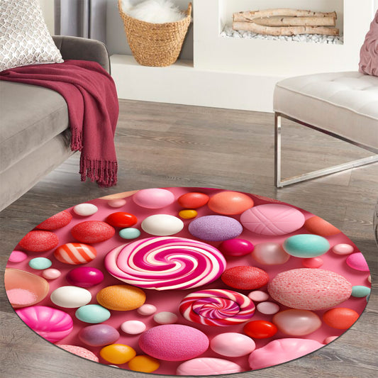 Colorful Candy Swirl Round Rug – Pink Lollipop Pattern for Kids Room or Nursery