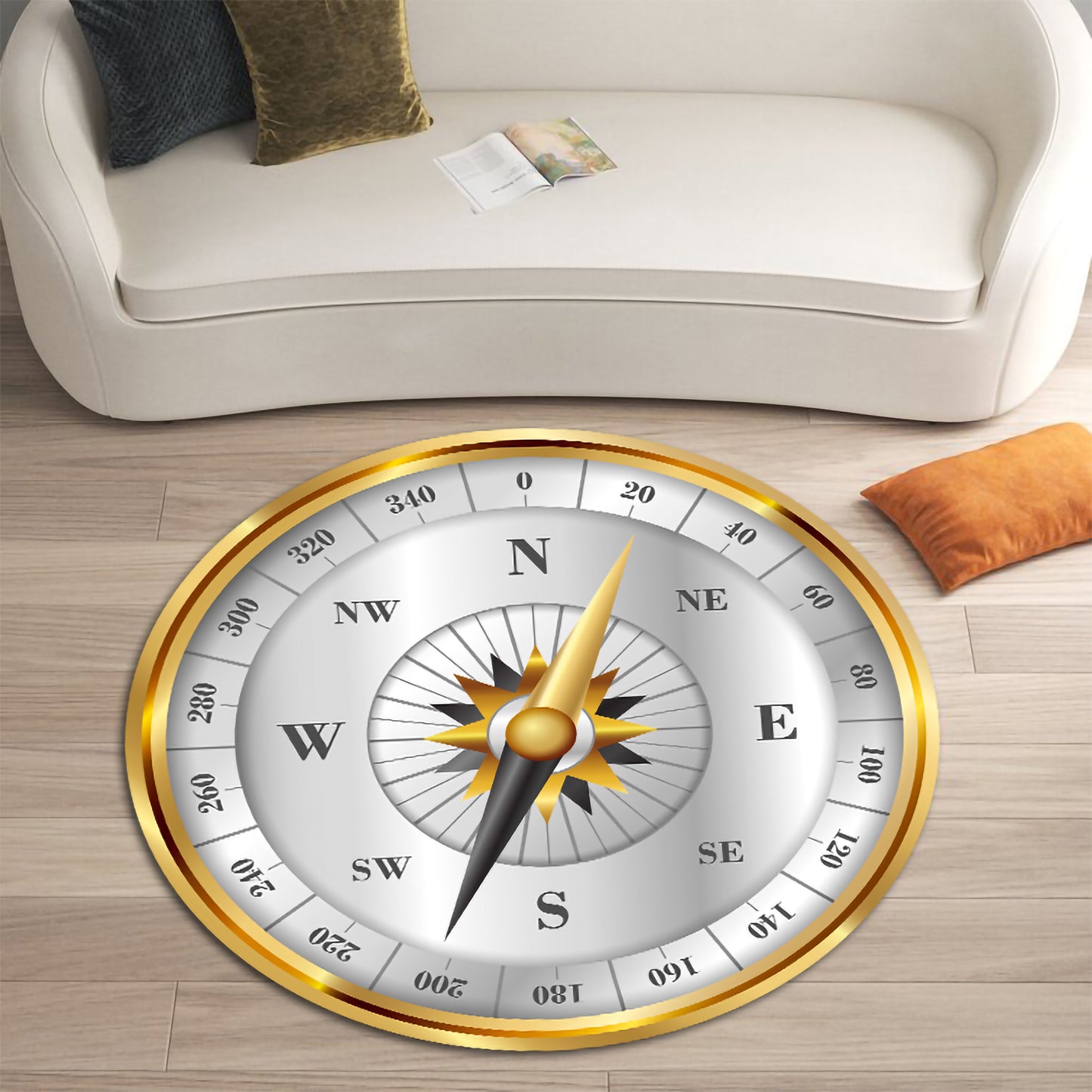 Golden Compass Rug – Round Nautical Theme Carpet, Elegant Steampunk Decor, Luxury Adventure Style Rug