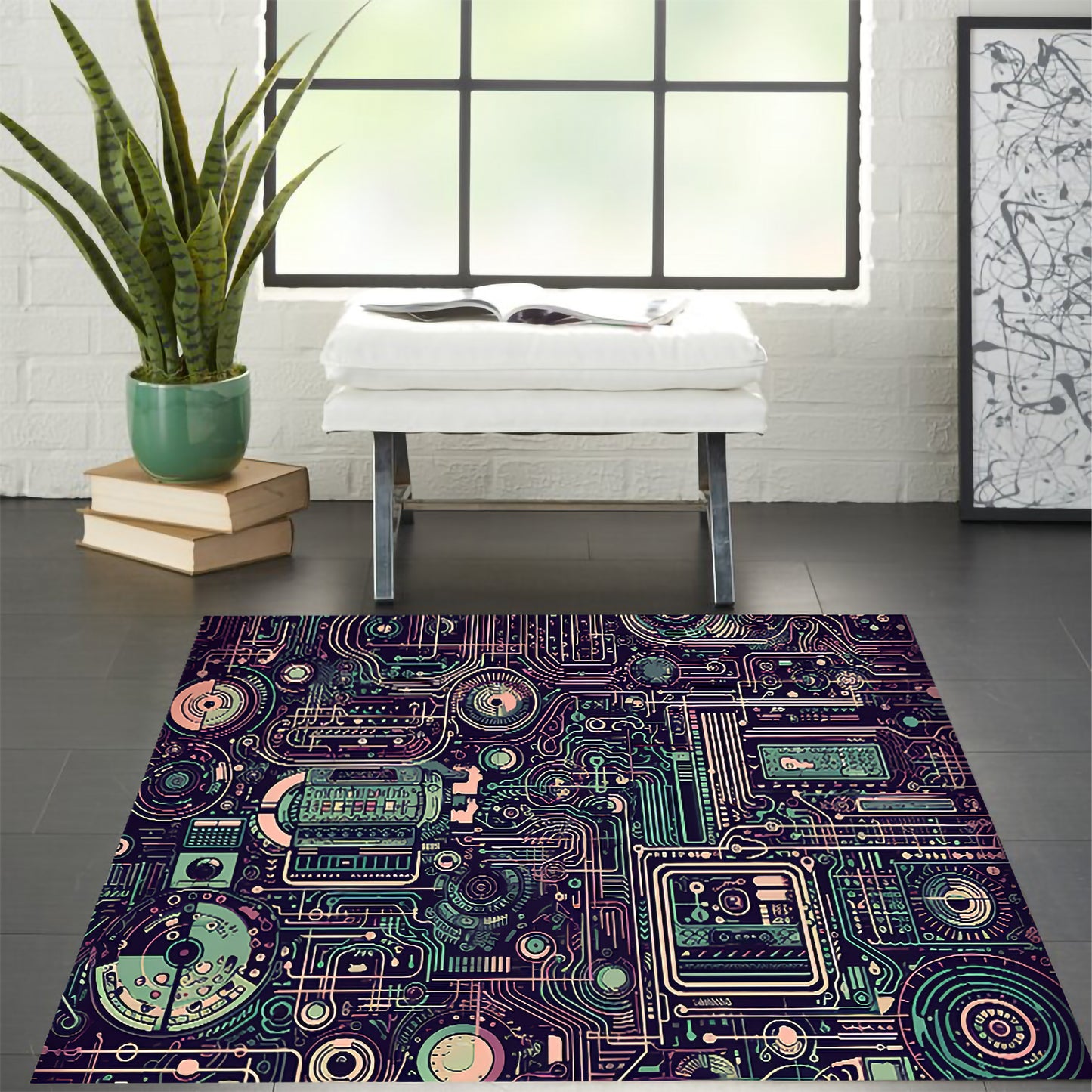 Futuristic Circuit Board Rug,Tech Design Carpet For Gamers,Digital Grid Play Mat,Geek Room Decor,Electronic Theme Area Rug