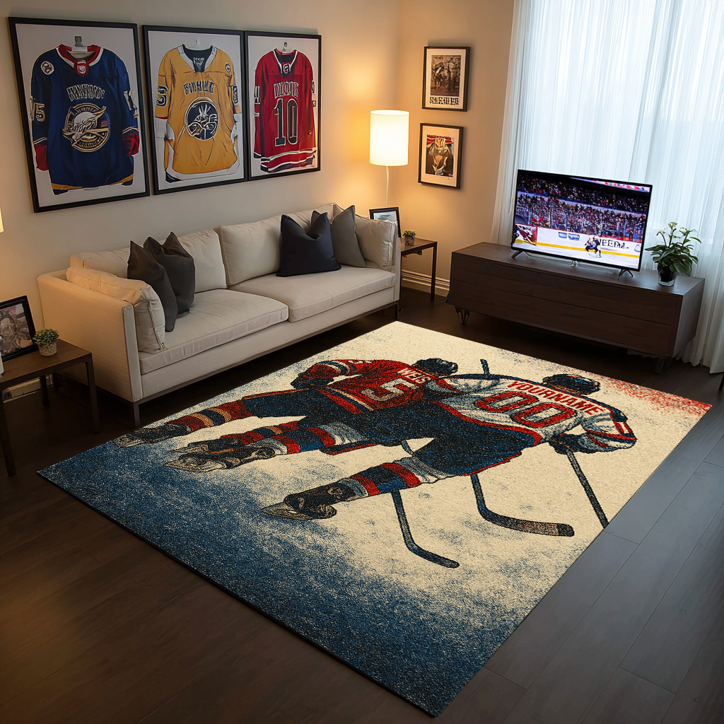 Personalized Hockey Player Rug, Custom Name And Number Ice Hockey Carpet, Sports Fan Gift, Team Jersey Style Area Mat
