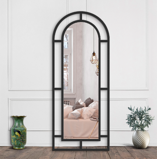 Arch Window Full Length Mirror 70×180 cm – Black Metal Frame | Architectural Wall Mirror