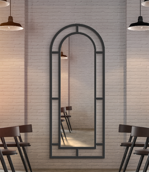 Arch Window Full Length Mirror 70×180 cm – Black Metal Frame | Architectural Wall Mirror