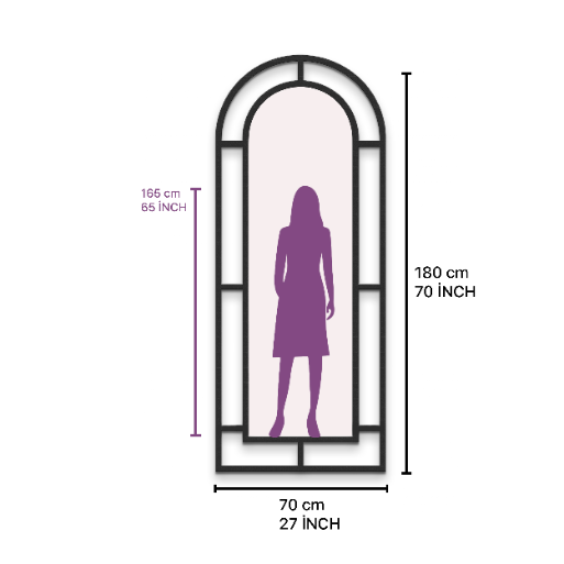 Arch Window Full Length Mirror 70×180 cm – Black Metal Frame | Architectural Wall Mirror