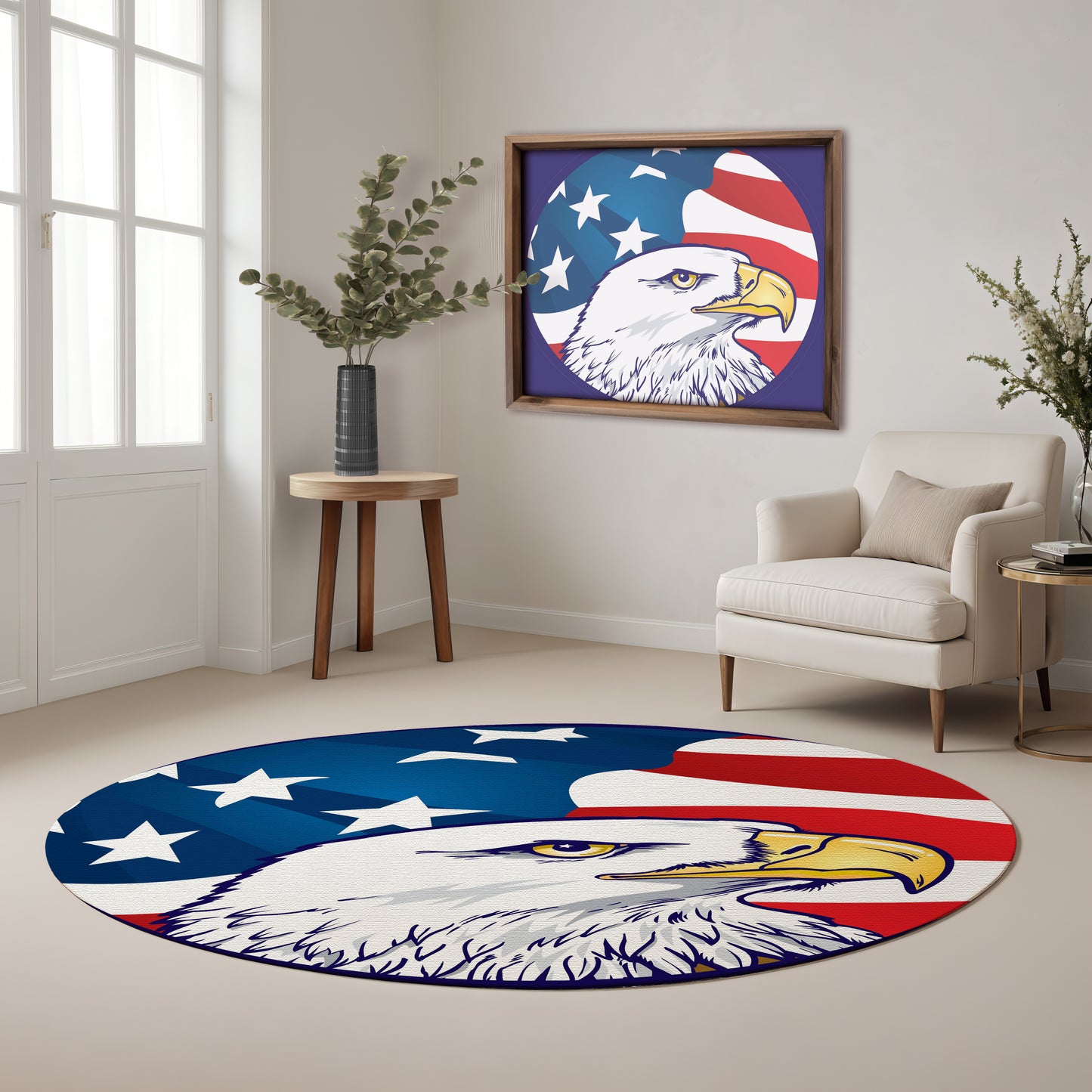 American Eagle Rug – USA Flag Carpet, Patriotic Round Area Rug, Bald Eagle Home Decor, Veteran Gift, Man Cave Rug