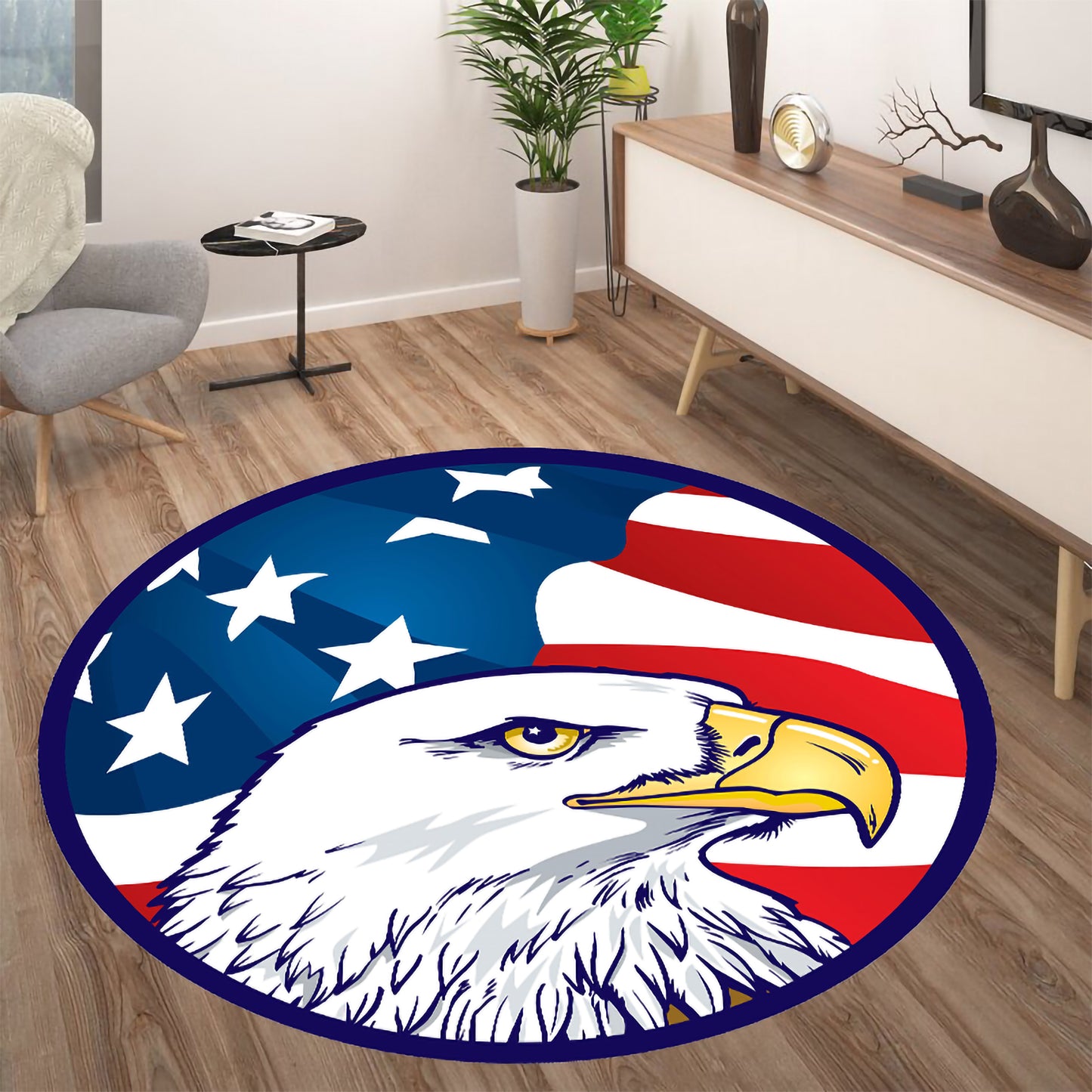 American Eagle Rug – USA Flag Carpet, Patriotic Round Area Rug, Bald Eagle Home Decor, Veteran Gift, Man Cave Rug