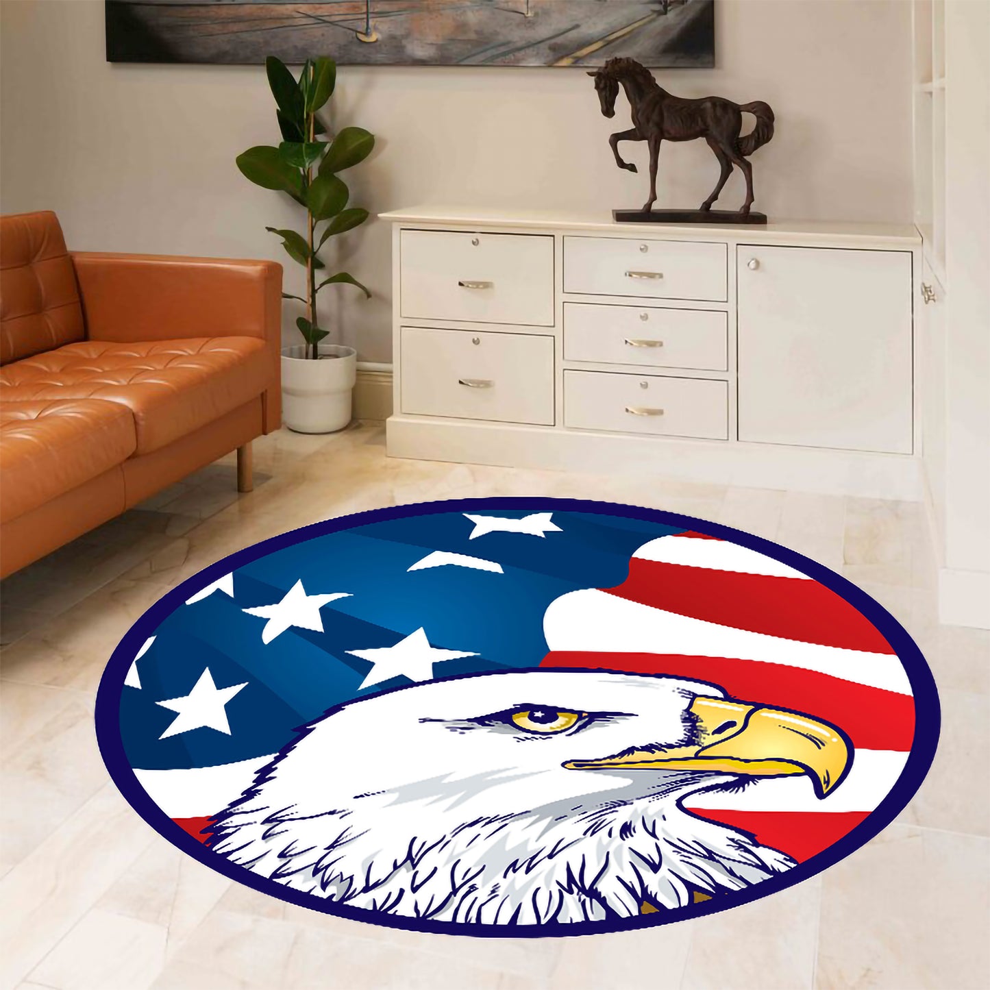 American Eagle Rug – USA Flag Carpet, Patriotic Round Area Rug, Bald Eagle Home Decor, Veteran Gift, Man Cave Rug