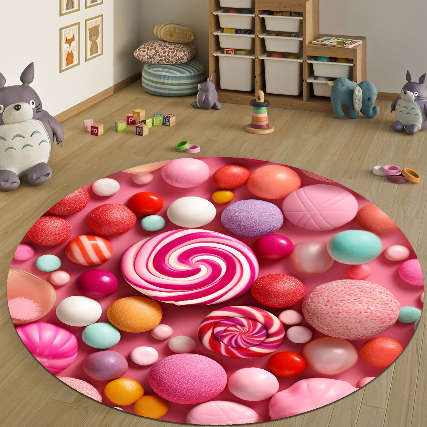 Colorful Candy Swirl Round Rug – Pink Lollipop Pattern for Kids Room or Nursery