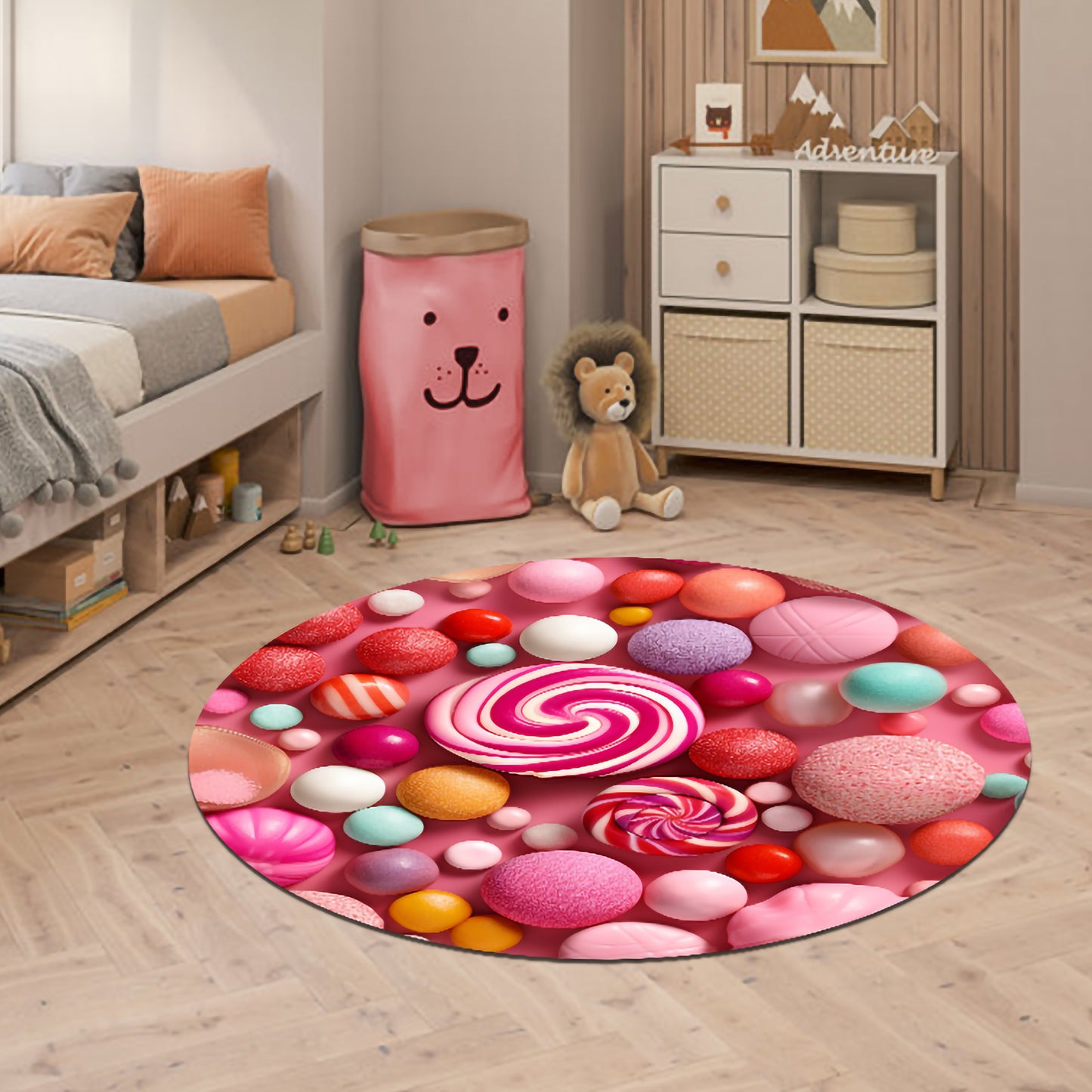 Colorful Candy Swirl Round Rug – Pink Lollipop Pattern for Kids Room or Nursery