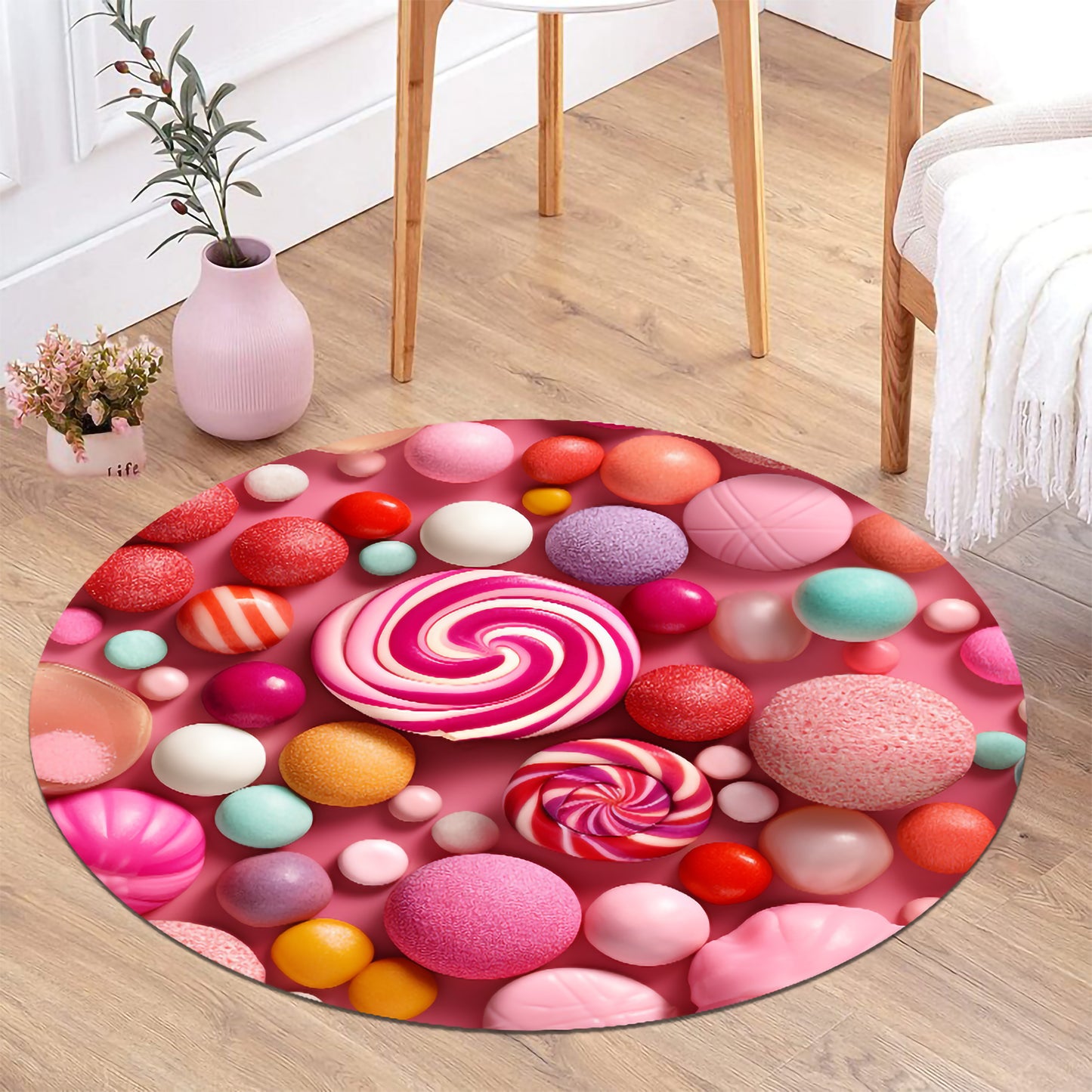 Colorful Candy Swirl Round Rug – Pink Lollipop Pattern for Kids Room or Nursery