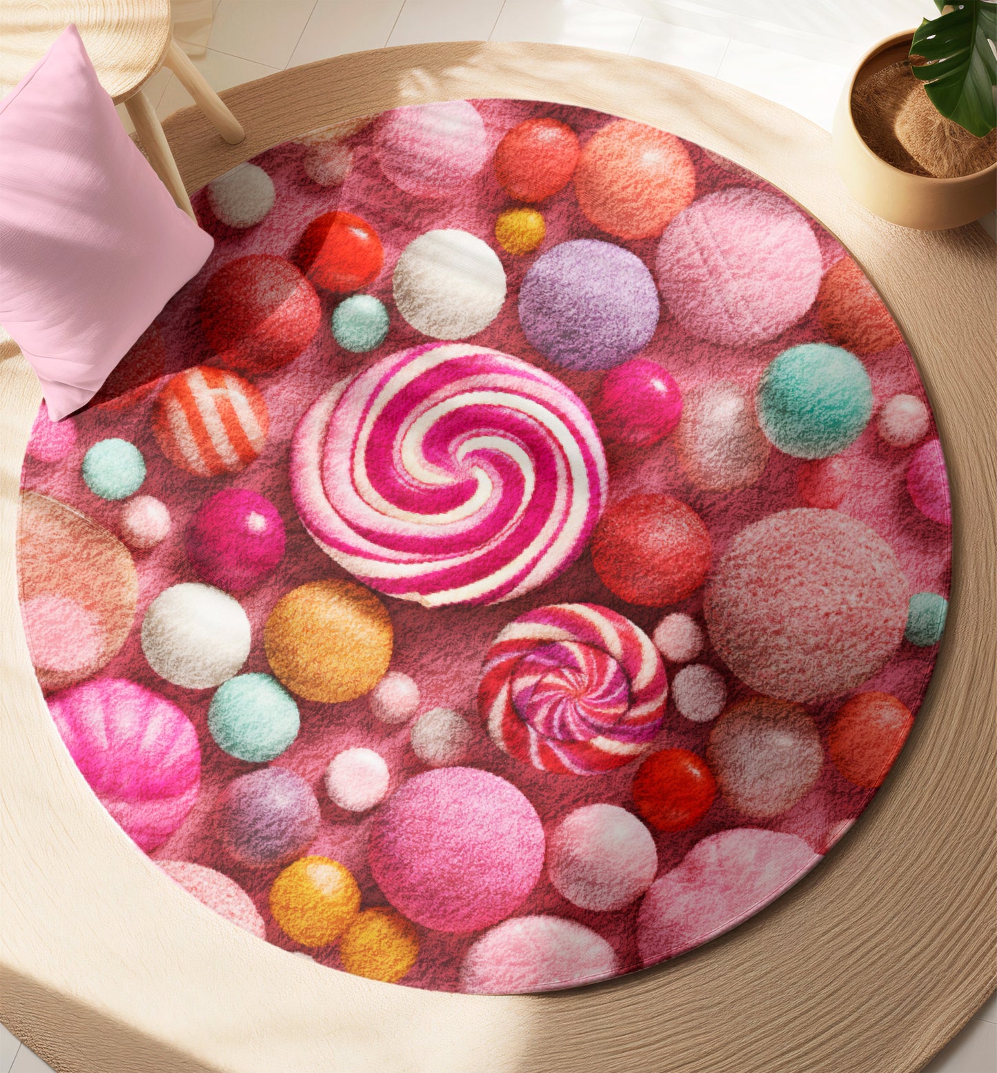 Colorful Candy Swirl Round Rug – Pink Lollipop Pattern for Kids Room or Nursery