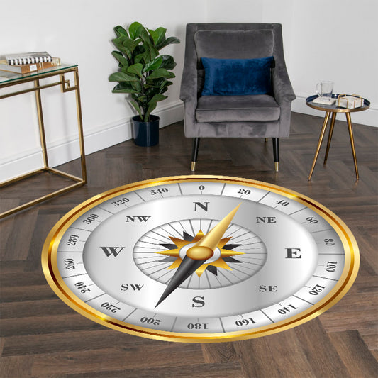 Golden Compass Rug – Round Nautical Theme Carpet, Elegant Steampunk Decor, Luxury Adventure Style Rug