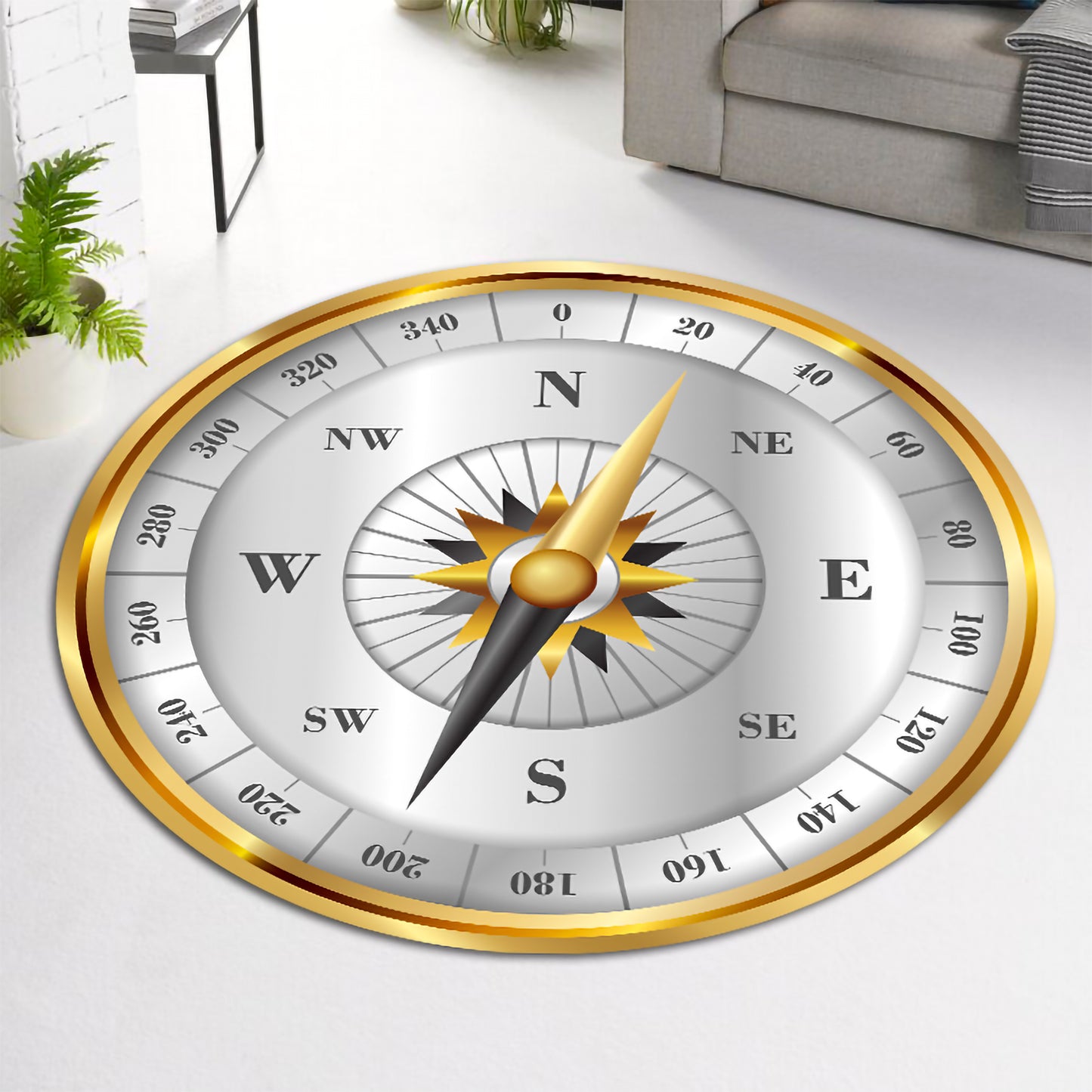 Golden Compass Rug – Round Nautical Theme Carpet, Elegant Steampunk Decor, Luxury Adventure Style Rug