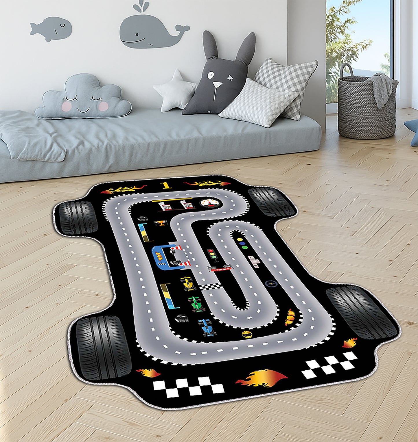 Race Track Rug – Washable Car Play Mat, Soft Interactive Formula Track, Boys Room & Toddler Activity Rug, Perfect Boys Birthday Gift