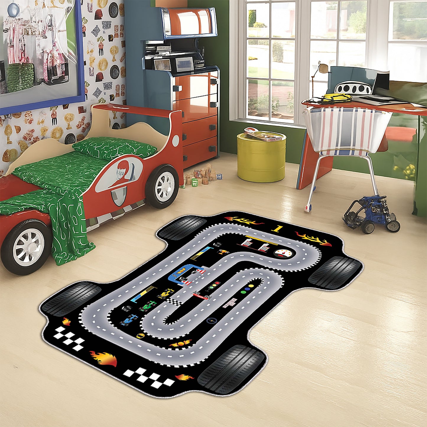 Race Track Rug – Washable Car Play Mat, Soft Interactive Formula Track, Boys Room & Toddler Activity Rug, Perfect Boys Birthday Gift