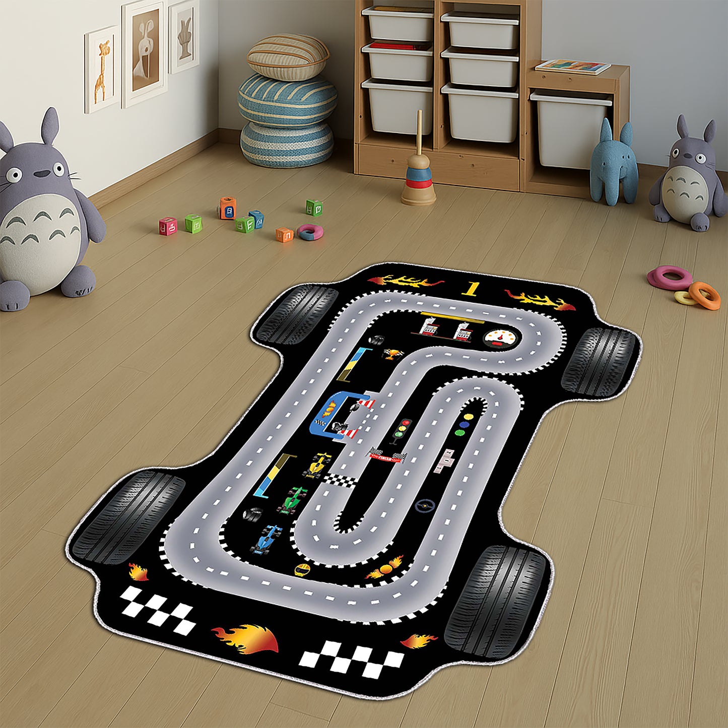 Race Track Rug – Washable Car Play Mat, Soft Interactive Formula Track, Boys Room & Toddler Activity Rug, Perfect Boys Birthday Gift