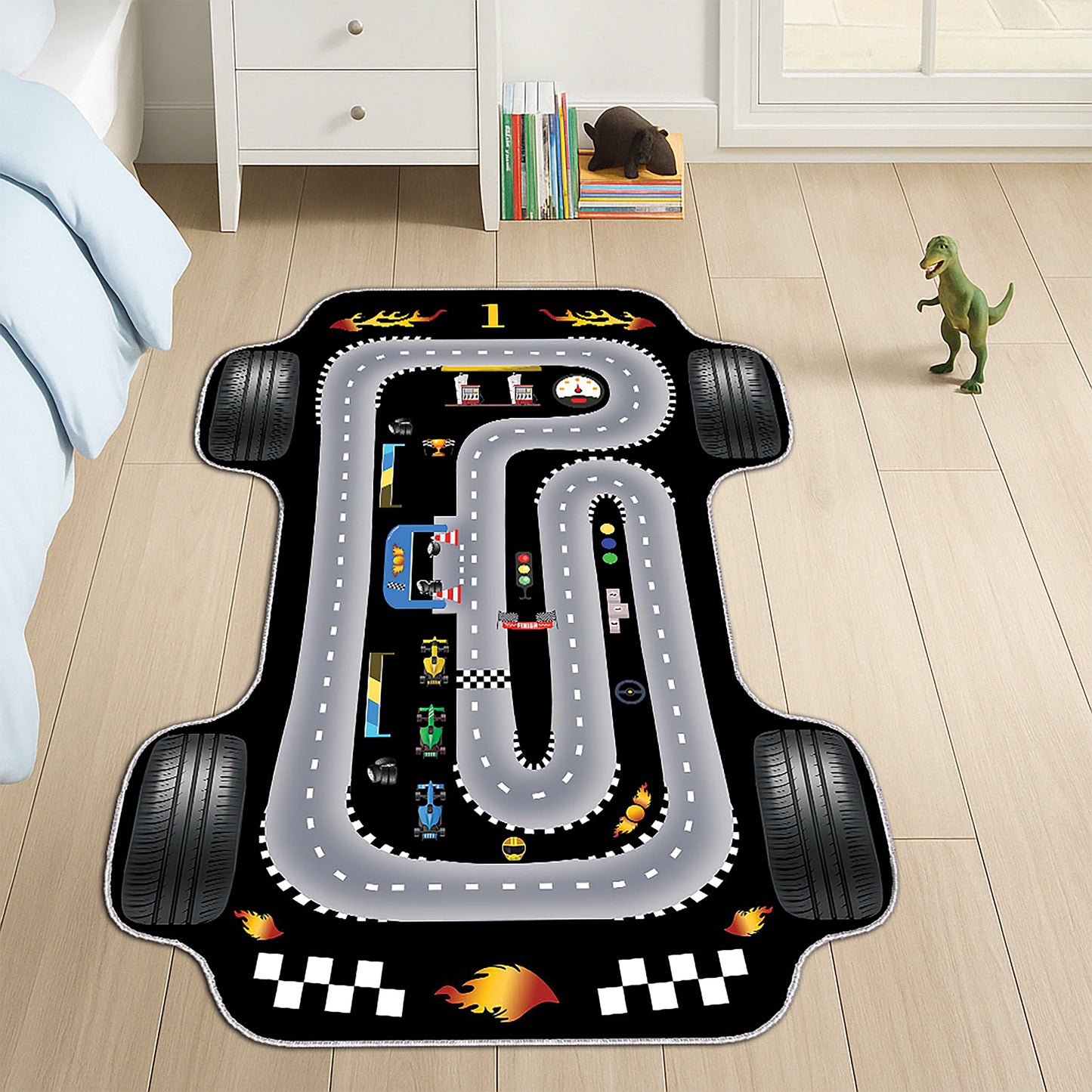 Race Track Rug – Washable Car Play Mat, Soft Interactive Formula Track, Boys Room & Toddler Activity Rug, Perfect Boys Birthday Gift