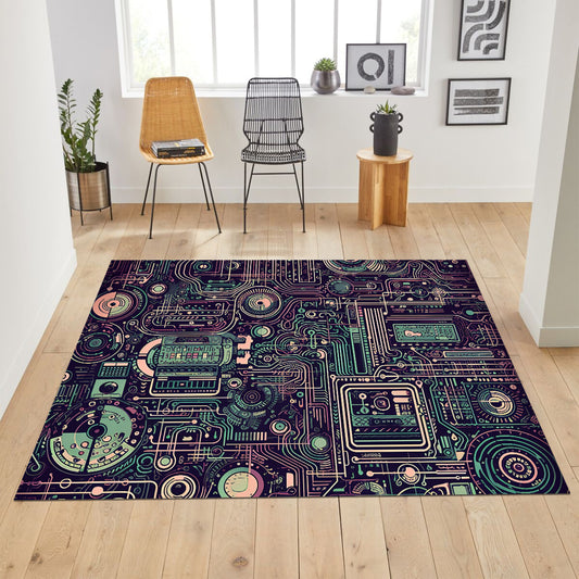 Futuristic Circuit Board Rug,Tech Design Carpet For Gamers,Digital Grid Play Mat,Geek Room Decor,Electronic Theme Area Rug