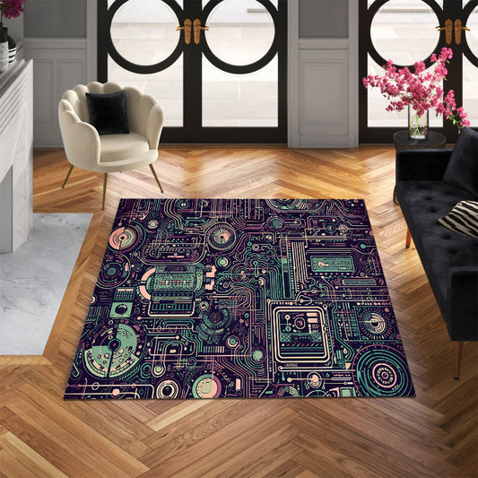 Futuristic Circuit Board Rug,Tech Design Carpet For Gamers,Digital Grid Play Mat,Geek Room Decor,Electronic Theme Area Rug