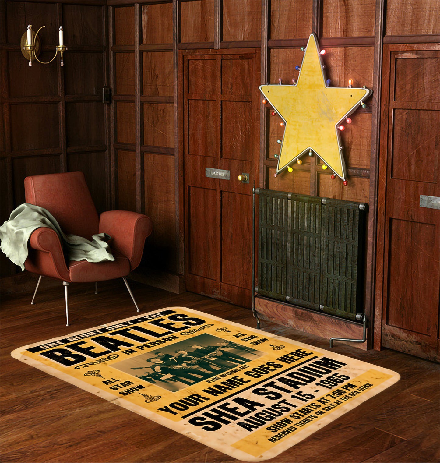 Vintage Beatles Concert Poster Rug – Custom Name Carpet, Retro Music Room Decor, 1965 Shea Stadium Beatles Fan Gift