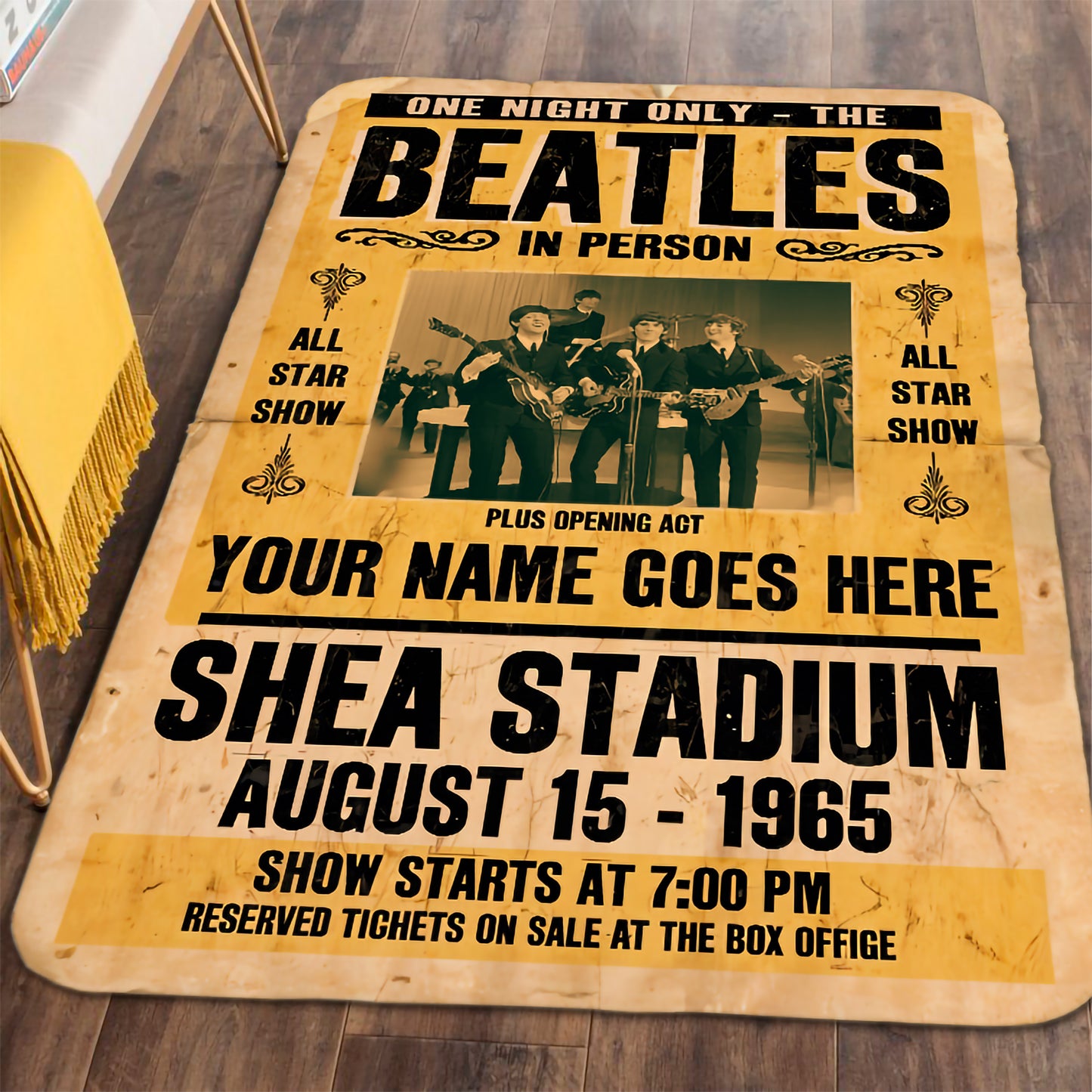 Vintage Beatles Concert Poster Rug – Custom Name Carpet, Retro Music Room Decor, 1965 Shea Stadium Beatles Fan Gift