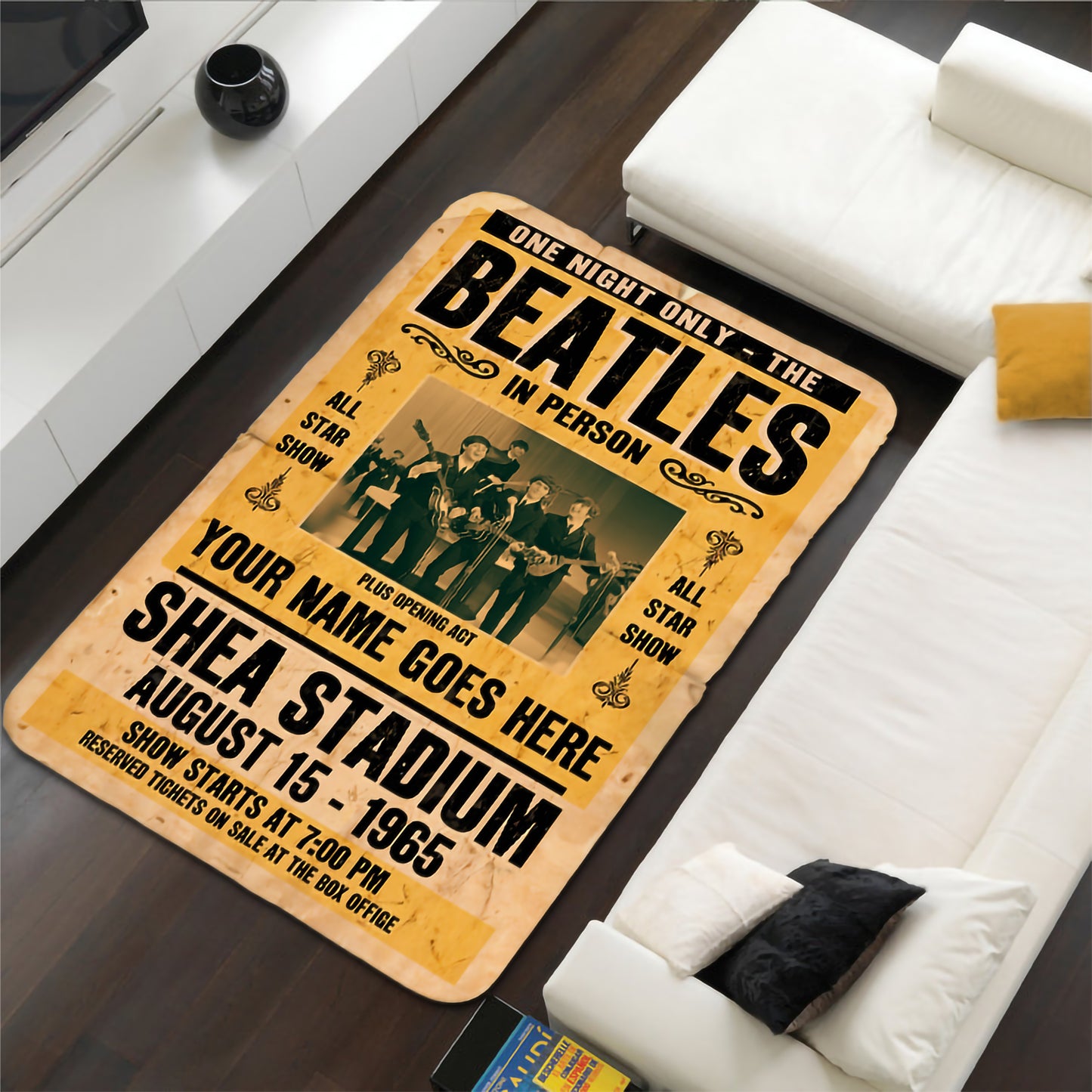 Vintage Beatles Concert Poster Rug – Custom Name Carpet, Retro Music Room Decor, 1965 Shea Stadium Beatles Fan Gift