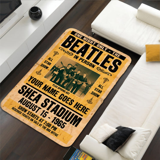 Vintage Beatles Concert Poster Rug – Custom Name Carpet, Retro Music Room Decor, 1965 Shea Stadium Beatles Fan Gift