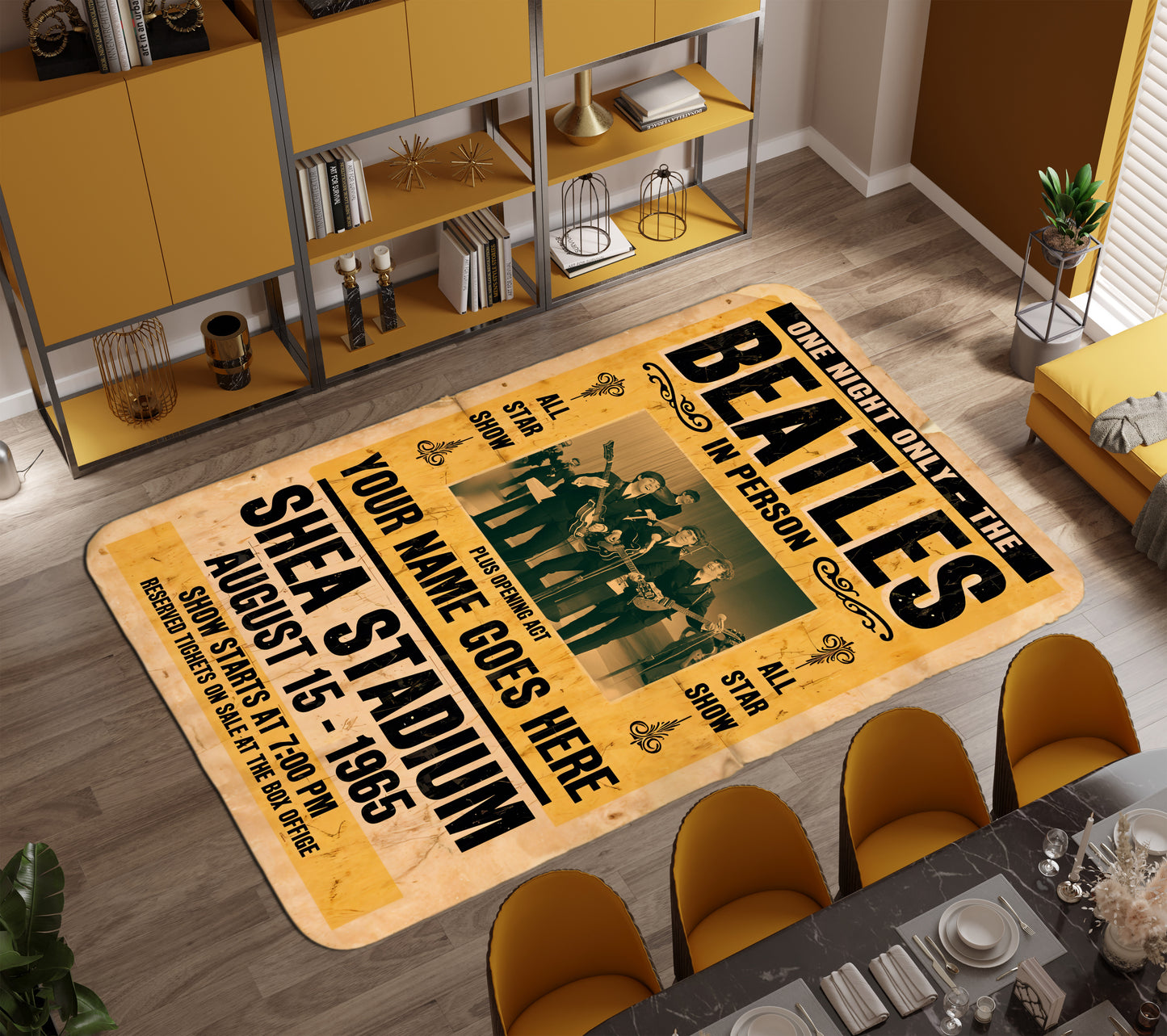 Vintage Beatles Concert Poster Rug – Custom Name Carpet, Retro Music Room Decor, 1965 Shea Stadium Beatles Fan Gift