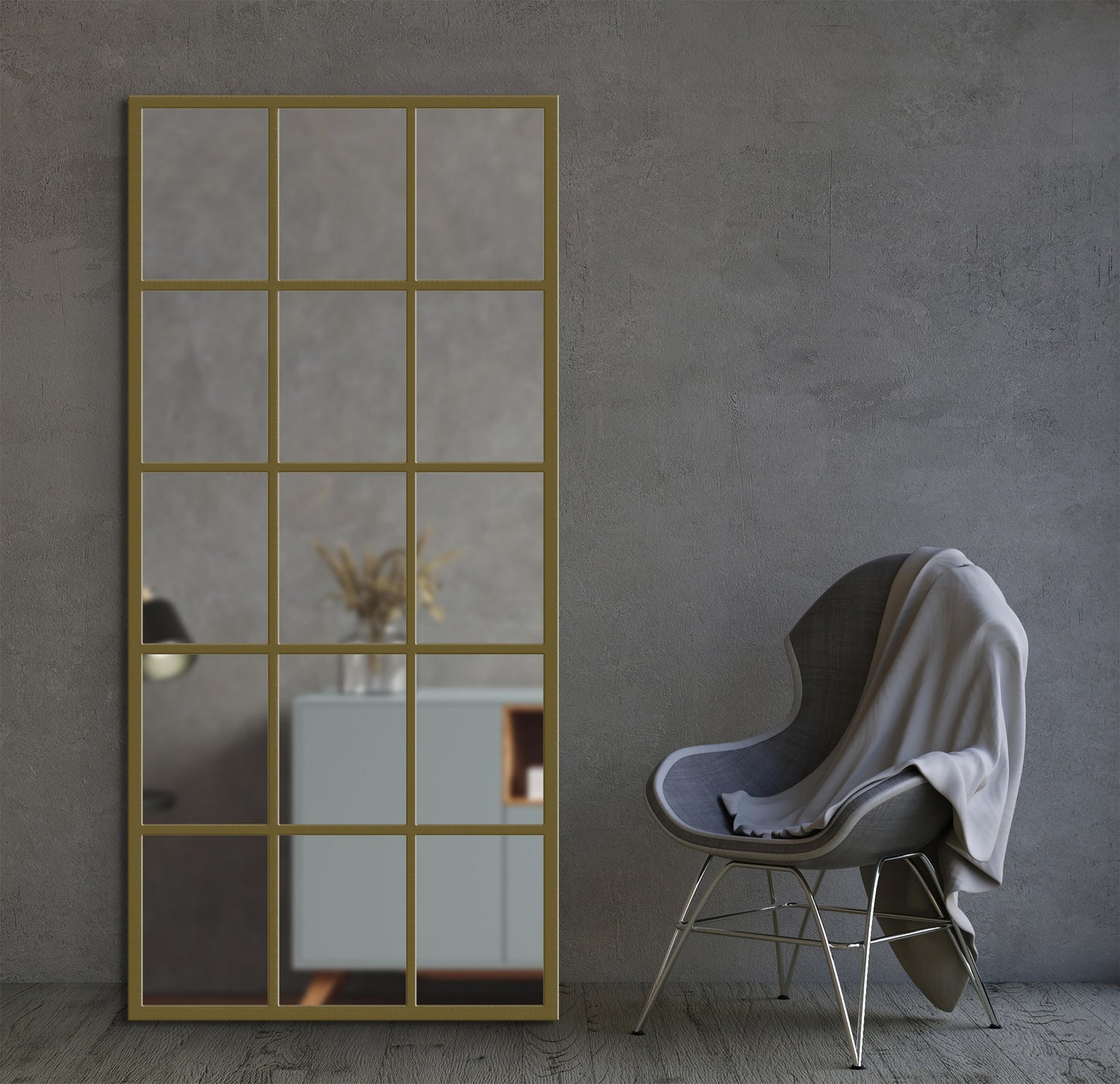 Industrial Fenster Spiegel 80×180 cm – Goldener Metallrahmen