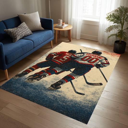 Personalized Hockey Player Rug, Custom Name And Number Ice Hockey Carpet, Sports Fan Gift, Team Jersey Style Area Mat